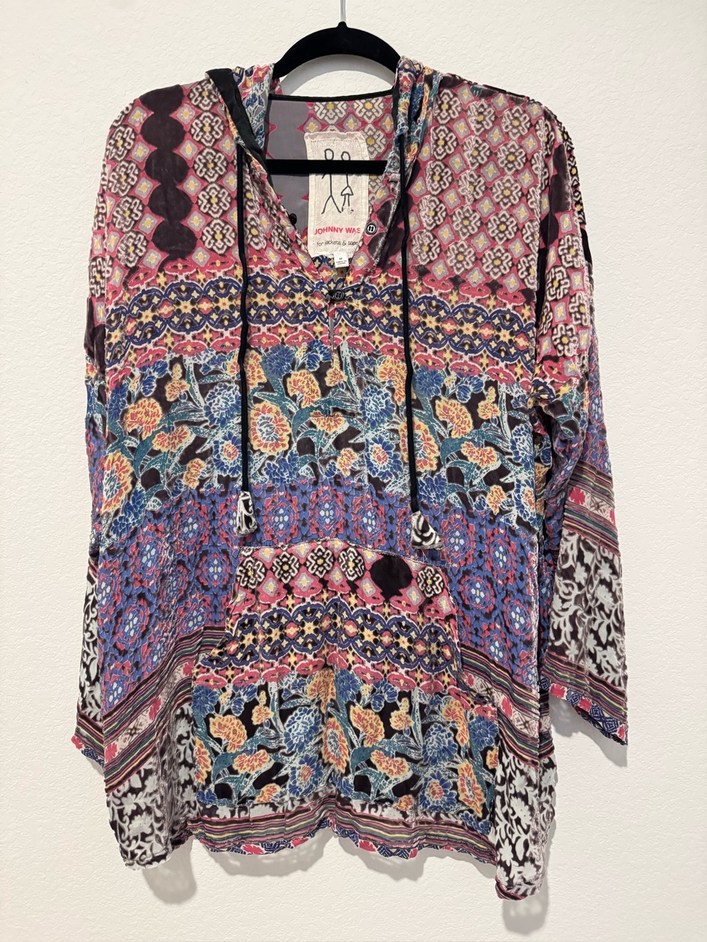 Johnny Was Karma Burnout Aztec Hoodie Mix Patchwork Prints Boho Top